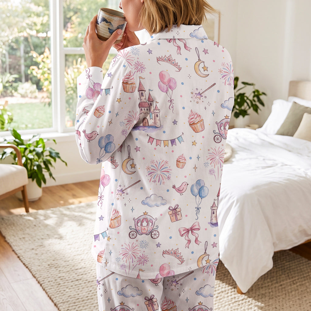 Cute Princess Castle Cotton Jersey Pajamas | Pastel Fairytale Long Sleeve Set