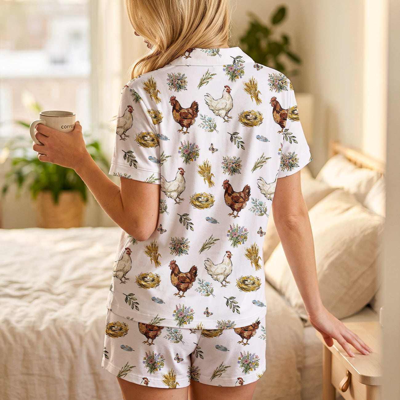 Cute Chicken Print Cotton Jersey Pajamas | Short Sleeve Farmhouse Shorts Set