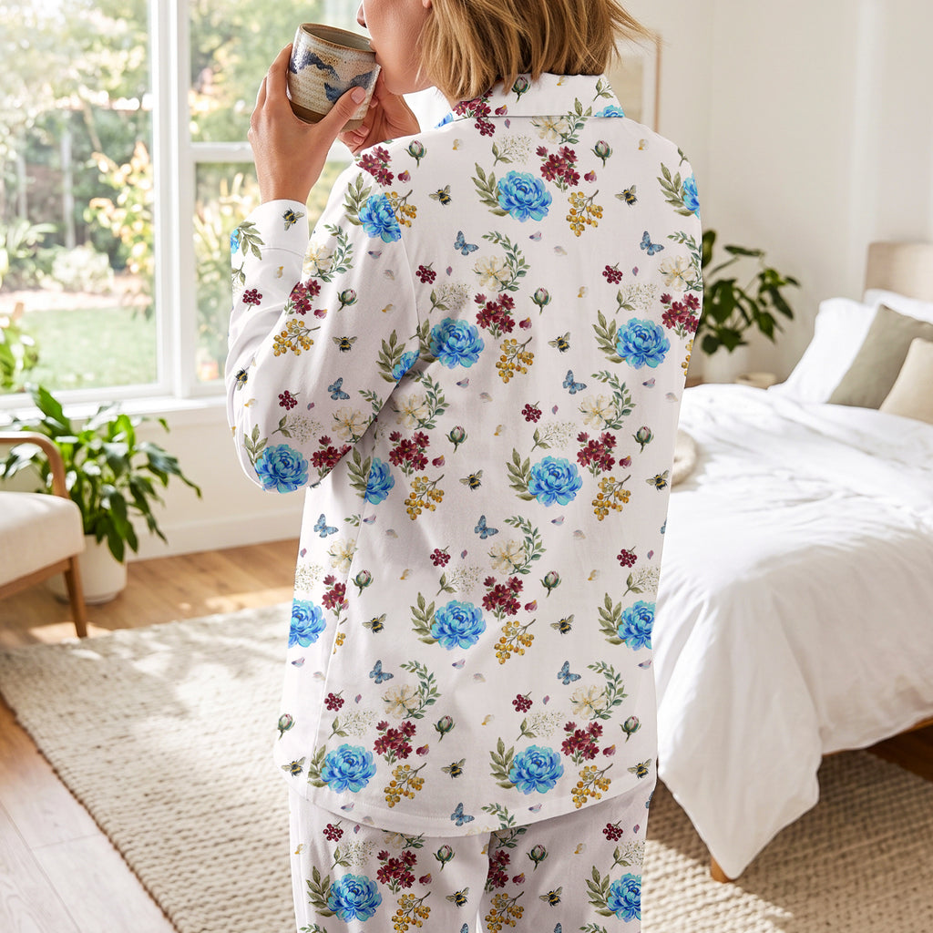 Blue Vintage Floral Cotton Jersey Pajamas | Botanical Long Sleeve Set S-5XL)
