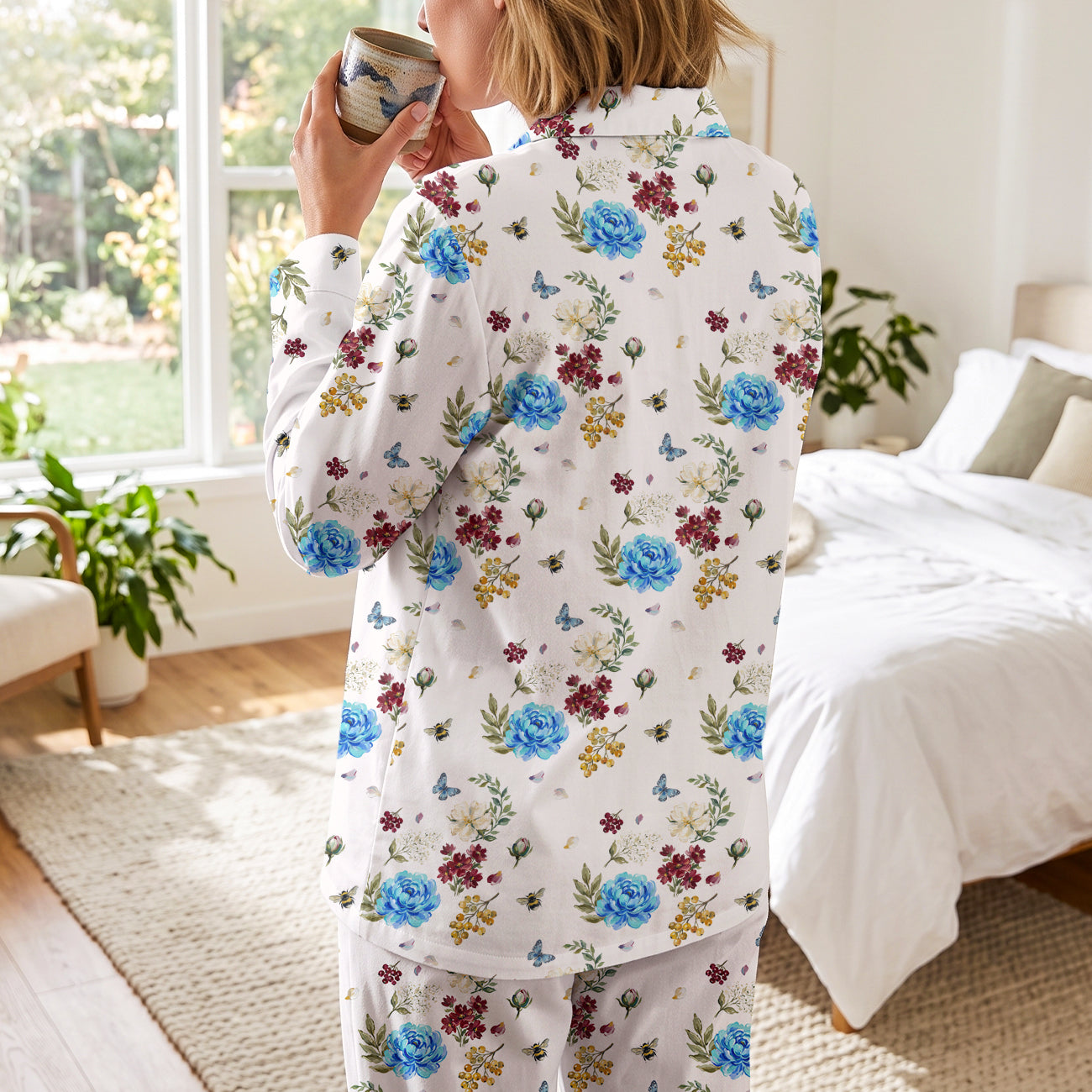 Blue Vintage Floral Cotton Jersey Pajamas | Botanical Long Sleeve Set S-5XL)