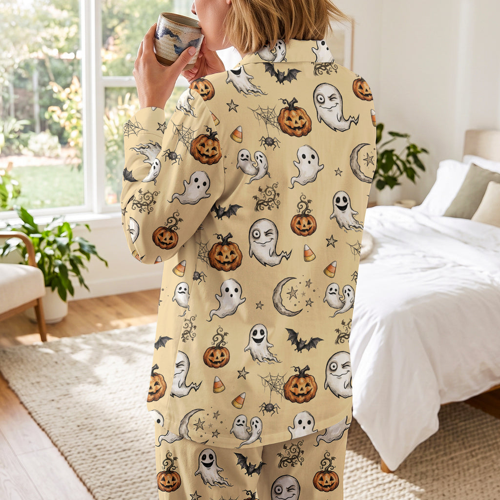 Cute Halloween Ghosts Cotton Jersey Pajamas | Cozy Cream Spooky PJs S-5XL