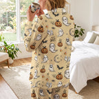 Cute Halloween Ghosts Cotton Jersey Pajamas | Cozy Cream Spooky PJs S-5XL