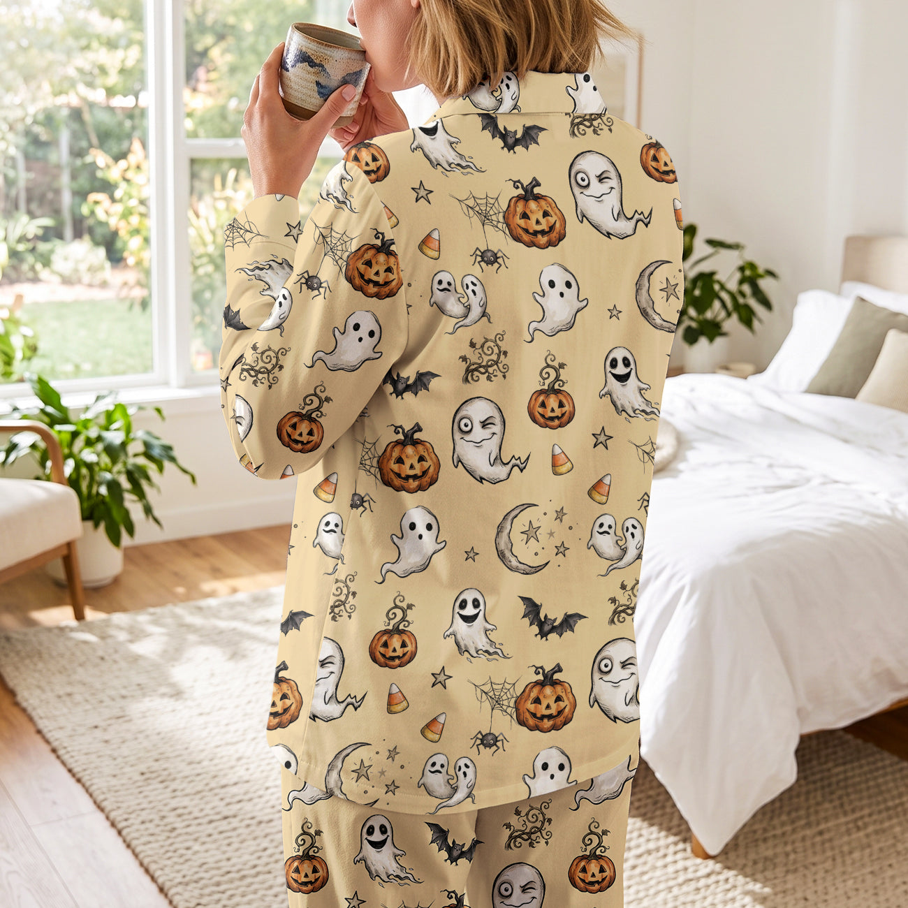 Cute Halloween Ghosts Cotton Jersey Pajamas | Cozy Cream Spooky PJs S-5XL