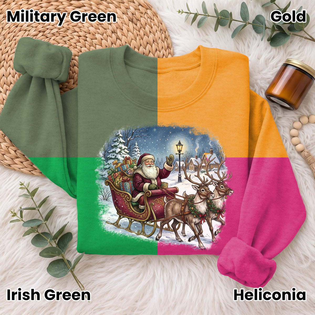 Santa Sleigh Reindeer Christmas Sweatshirt, Xmas Holiday Sweater