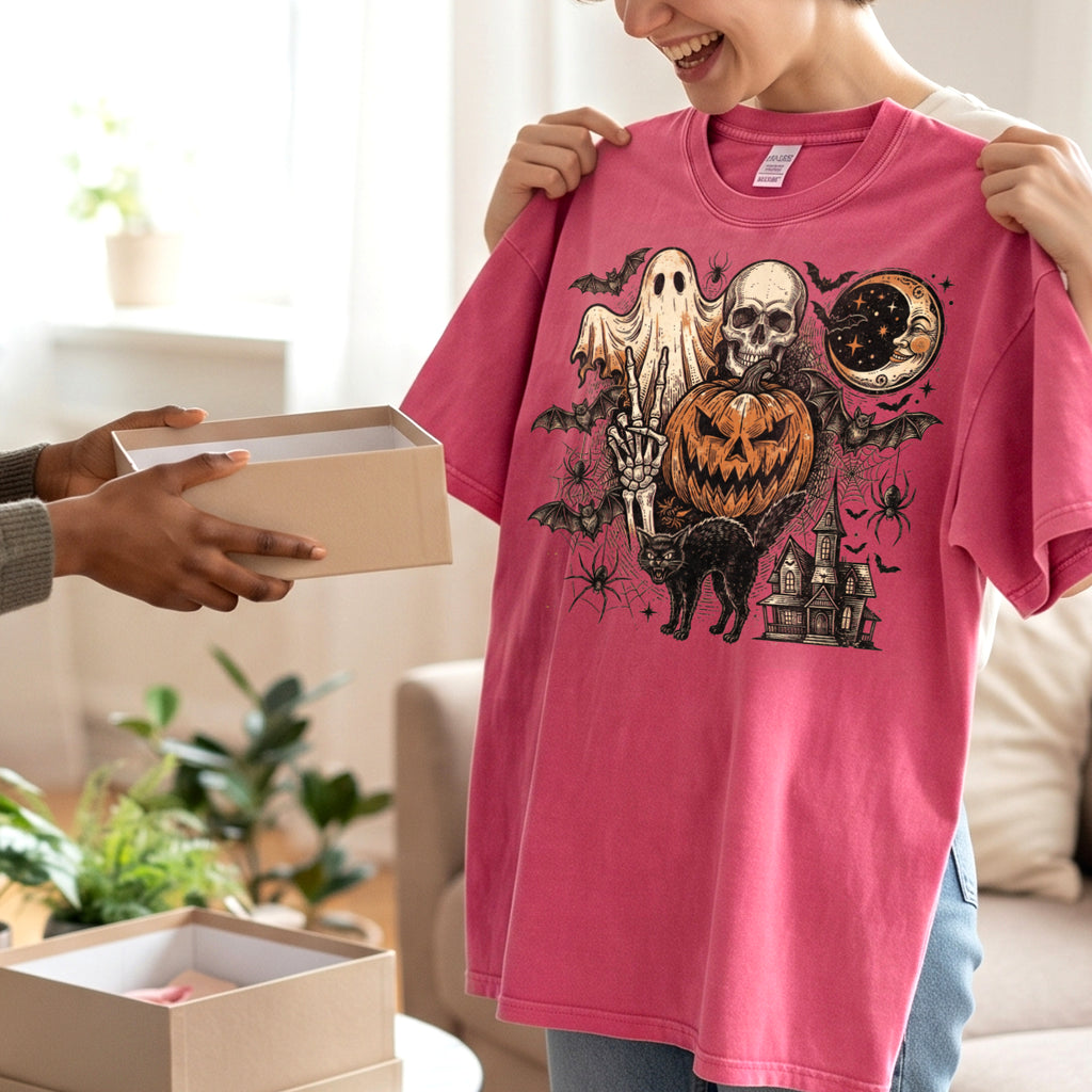 Retro Spooky Ghost Pumpkin Skull Graphic T Shirt (PB091826-3)