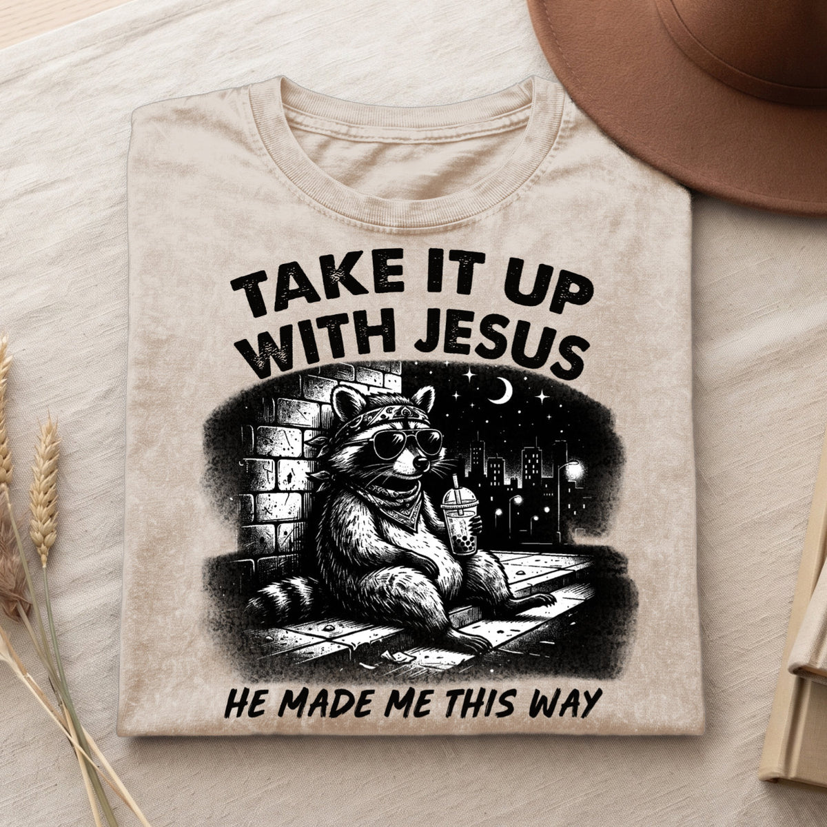 Grunge Raccoon Holding Bubble Tea Shirt, Take It Up With Jesus Tee (PB100926-5)