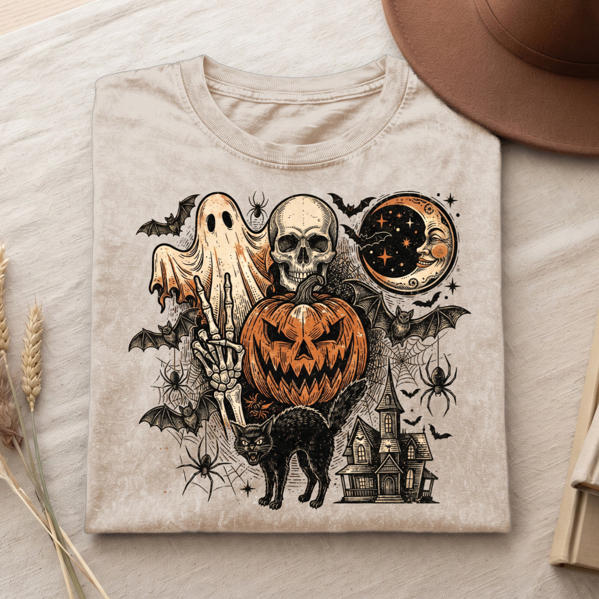Retro Spooky Ghost Pumpkin Skull Graphic T Shirt (PB091826-3)