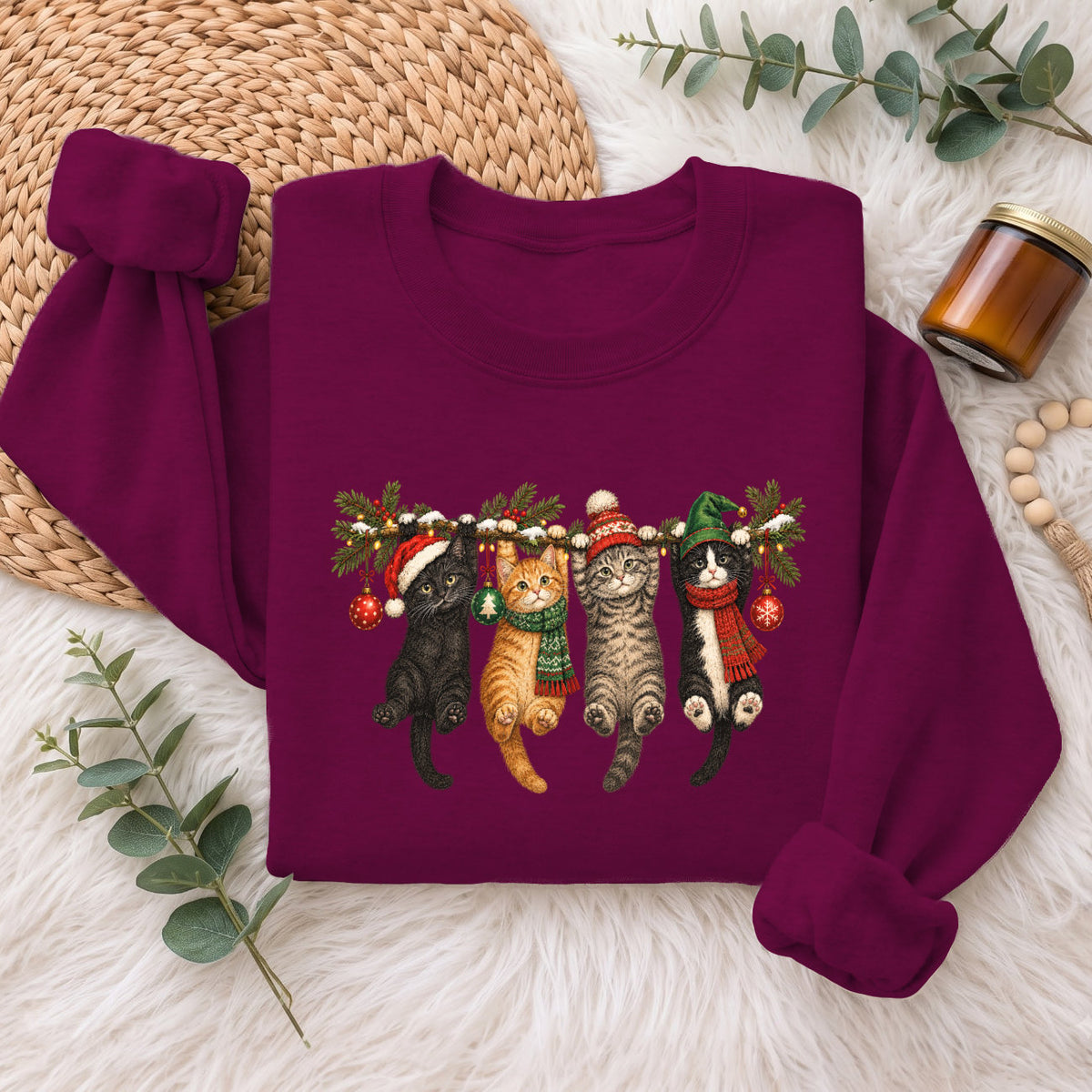 Hanging Cats Christmas Sweatshirt, Cute Kitty Holiday Sweater, Xmas