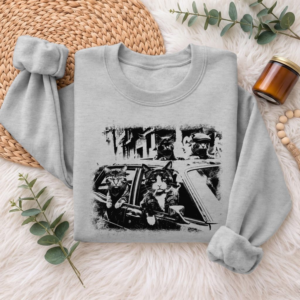 Gangster Cats in Car Sweatshirt, Funny Cat Retro Graphic Top