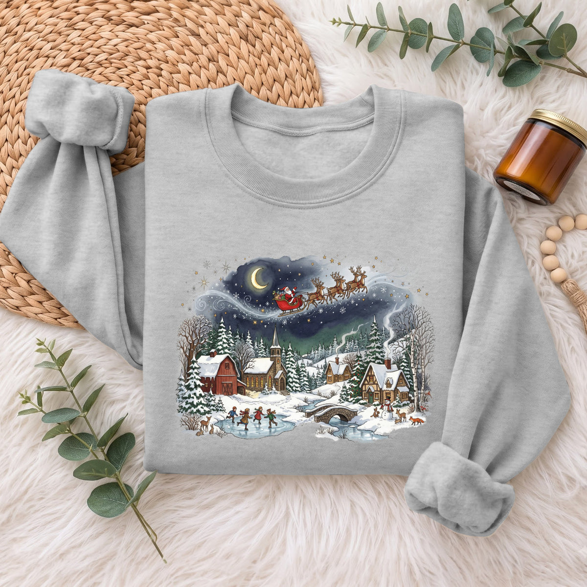 Santa Sleigh Winter Village Christmas Sweatshirt, Holiday Top
