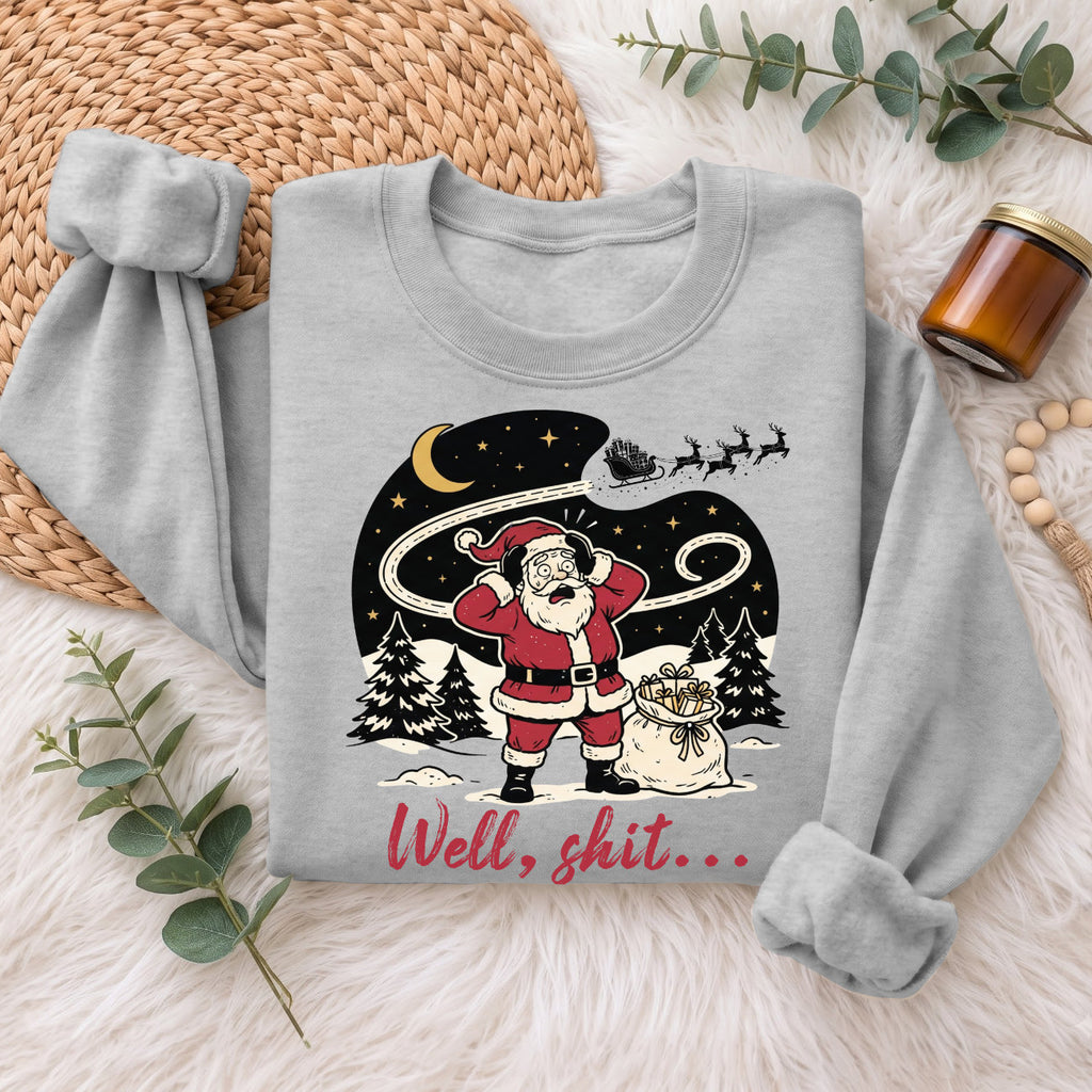 Well Shit Santa Christmas Sweatshirt, Funny Xmas Holiday Top