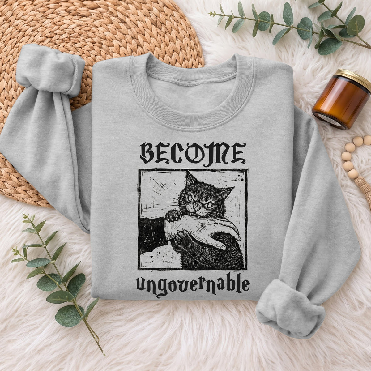 Become Ungovernable Cat Sweatshirt, Funny Cat Biting Hand Sweater