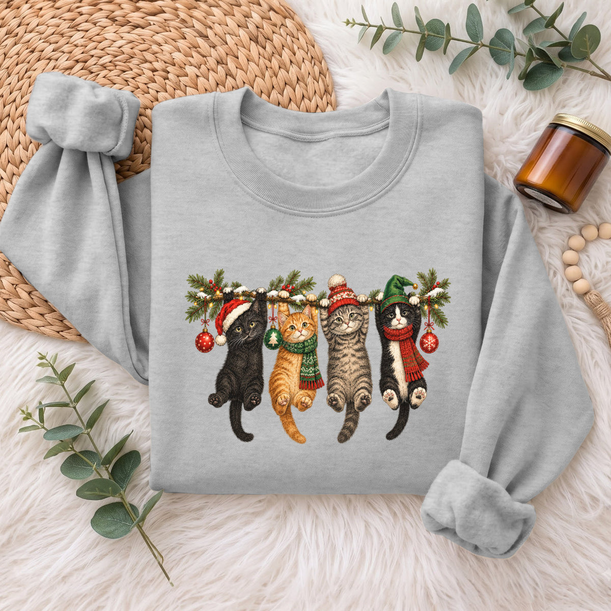Hanging Cats Christmas Sweatshirt, Cute Kitty Holiday Sweater, Xmas