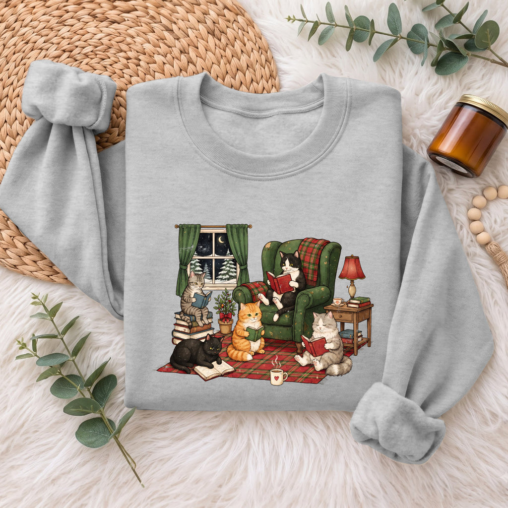 Cozy Reading Cats Sweatshirt, Cute Cat Books Holiday Sweater, Xmas