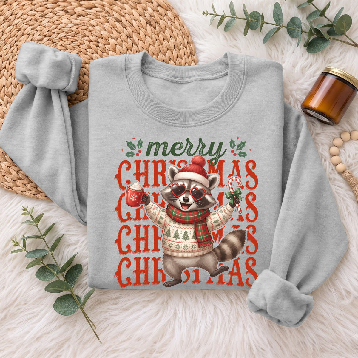 Merry Christmas Raccoon Sweatshirt, Cute Winter Holiday Shirt