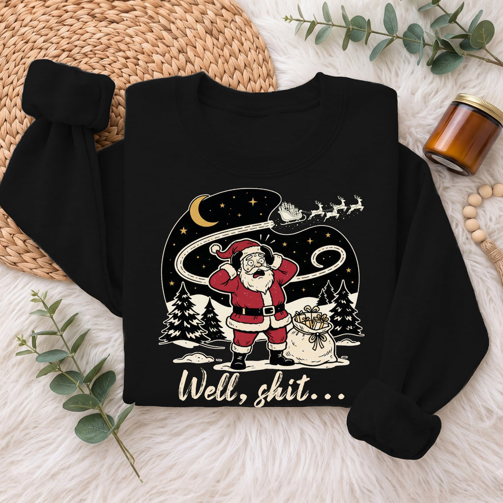 Well Shit Santa Christmas Sweatshirt, Funny Xmas Holiday Top