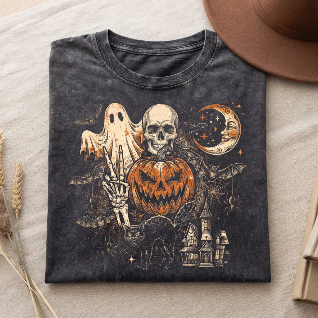 Retro Spooky Ghost Pumpkin Skull Graphic T Shirt (PB091826-3)