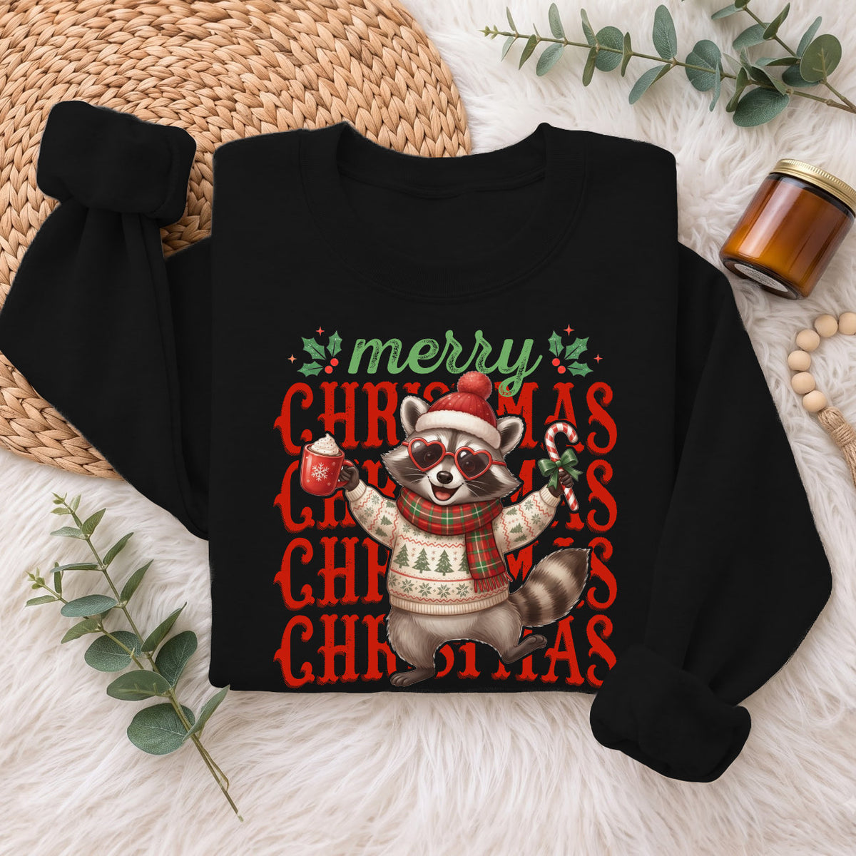 Merry Christmas Raccoon Sweatshirt, Cute Winter Holiday Shirt
