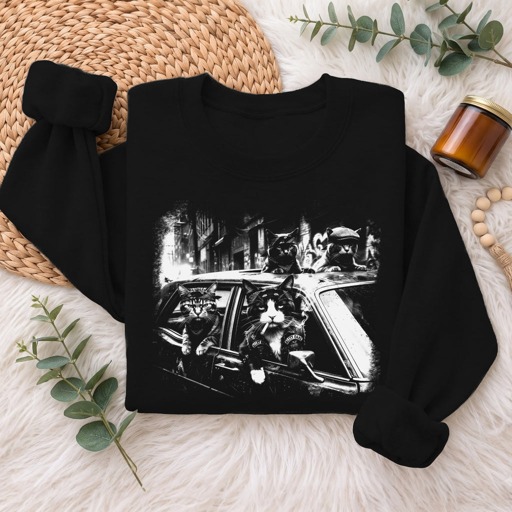 Gangster Cats in Car Sweatshirt, Funny Cat Retro Graphic Top