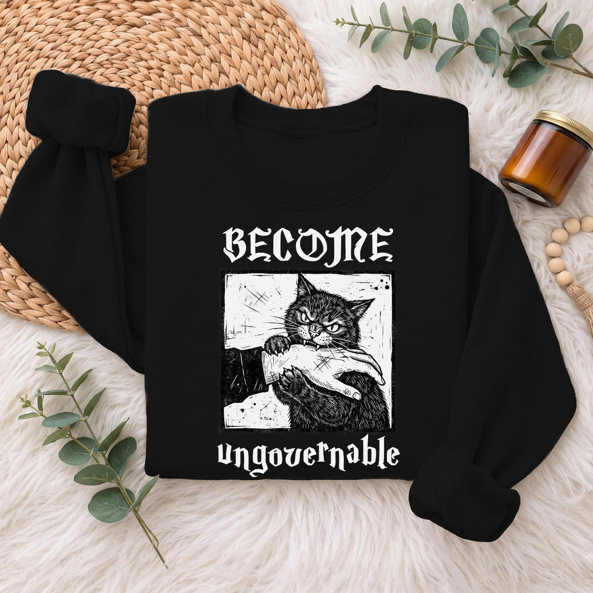 Become Ungovernable Cat Sweatshirt, Funny Cat Biting Hand Sweater