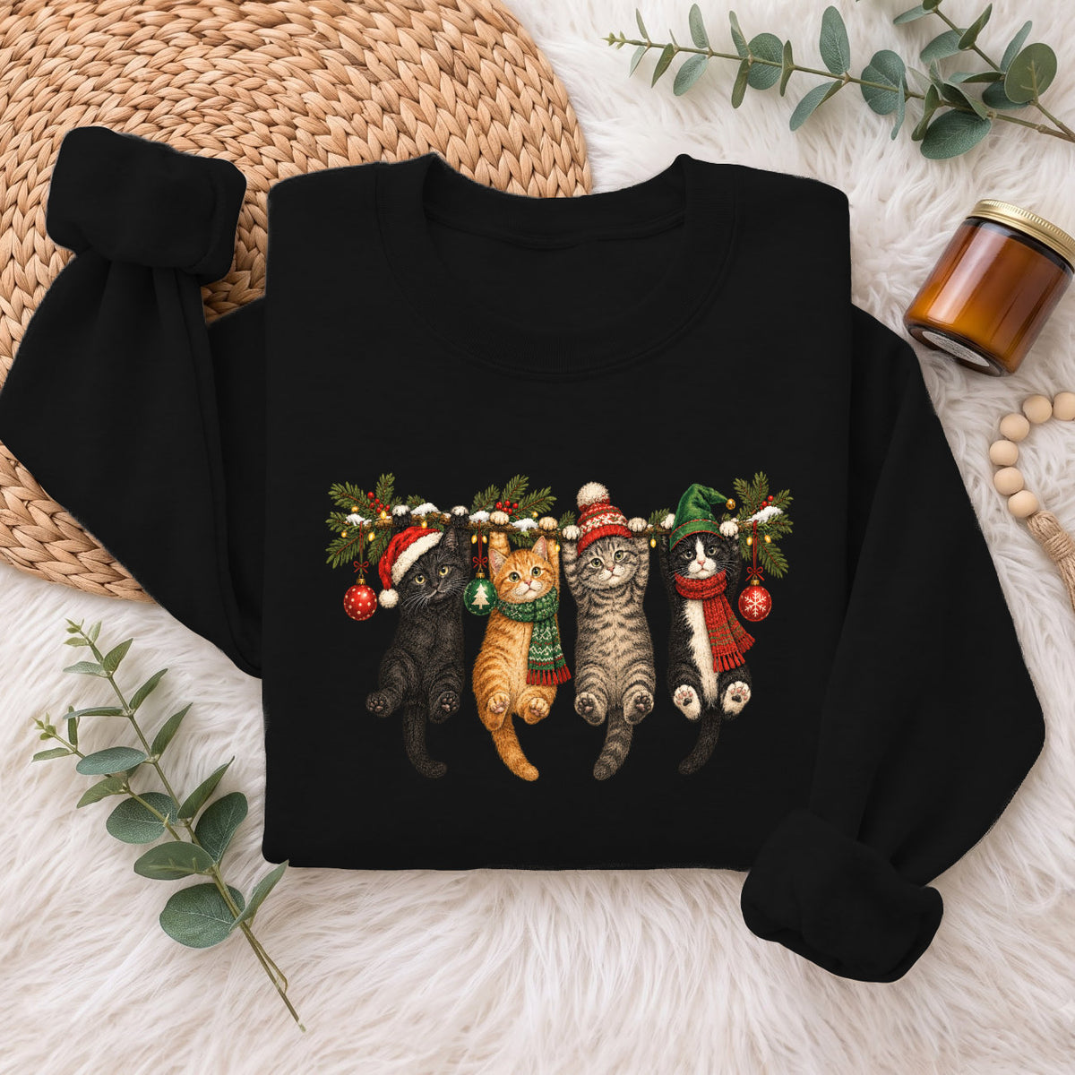 Hanging Cats Christmas Sweatshirt, Cute Kitty Holiday Sweater, Xmas
