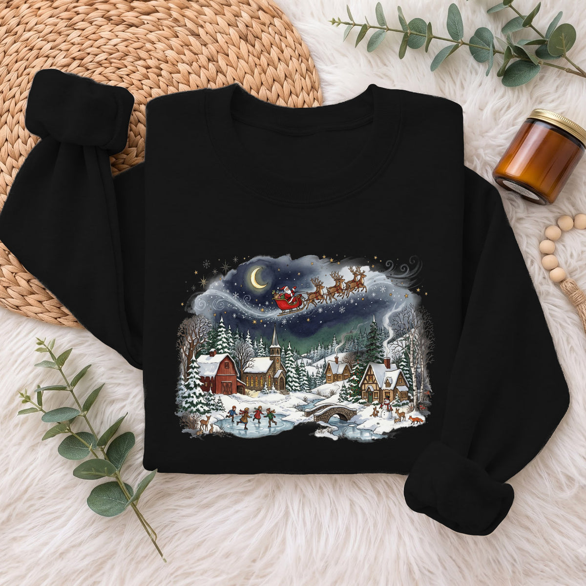 Santa Sleigh Winter Village Christmas Sweatshirt, Holiday Top
