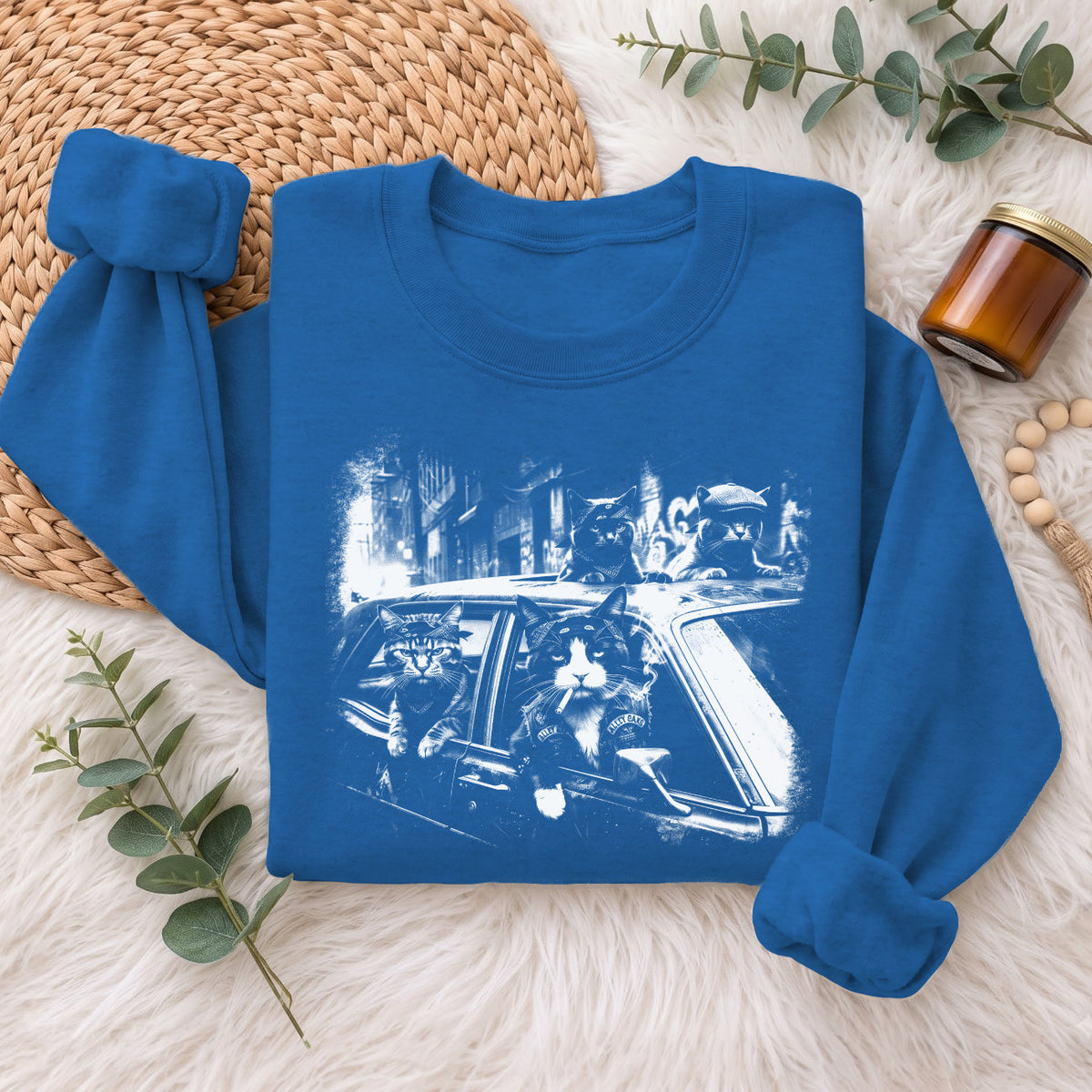 Gangster Cats in Car Sweatshirt, Funny Cat Retro Graphic Top