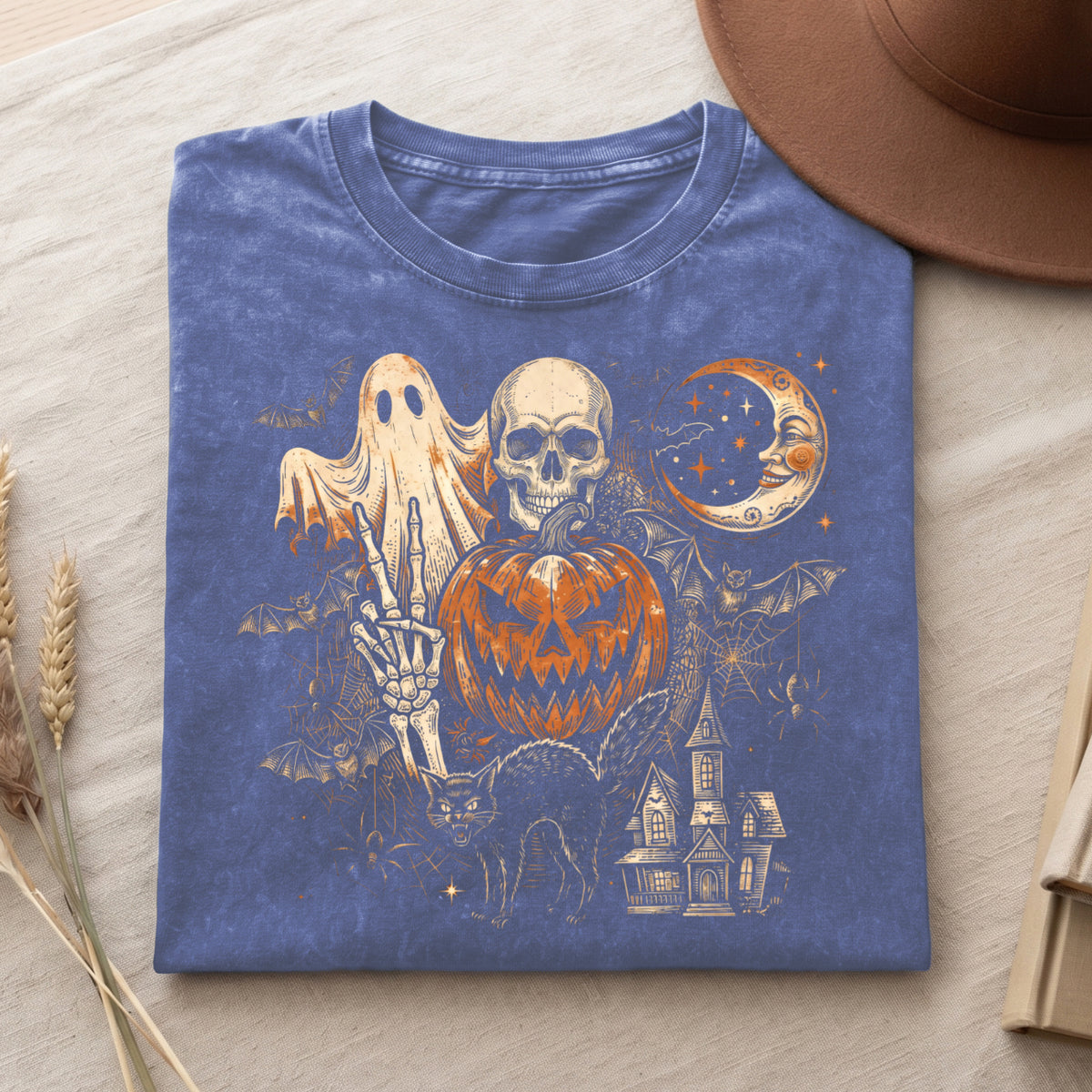 Retro Spooky Ghost Pumpkin Skull Graphic T Shirt (PB091826-3)
