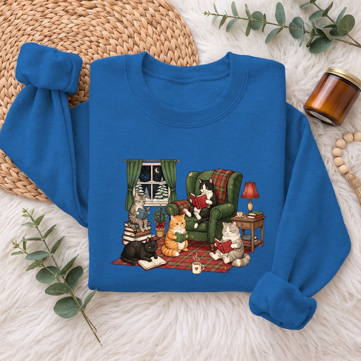 Cozy Reading Cats Sweatshirt, Cute Cat Books Holiday Sweater, Xmas