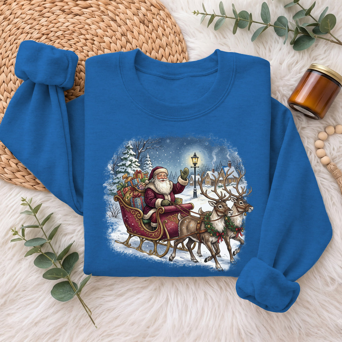 Santa Sleigh Reindeer Christmas Sweatshirt, Xmas Holiday Sweater