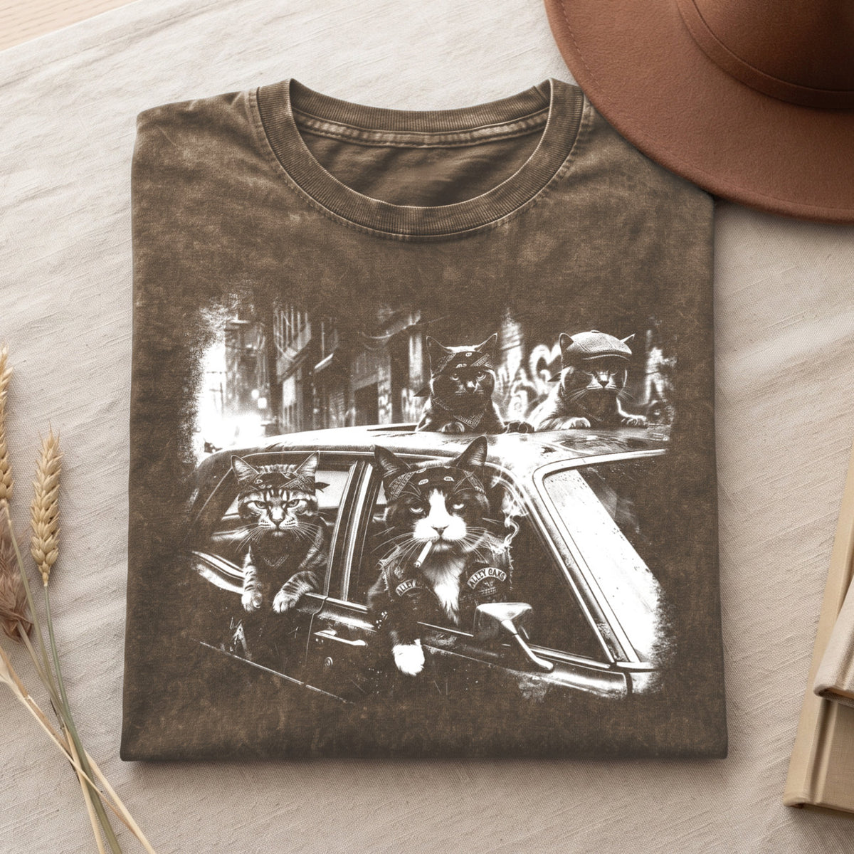 Gangster Cats in Car T-Shirt, Funny Cat Retro Graphic Shirt, Top