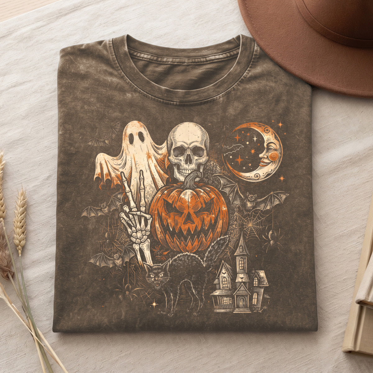Retro Spooky Ghost Pumpkin Skull Graphic T Shirt (PB091826-3)