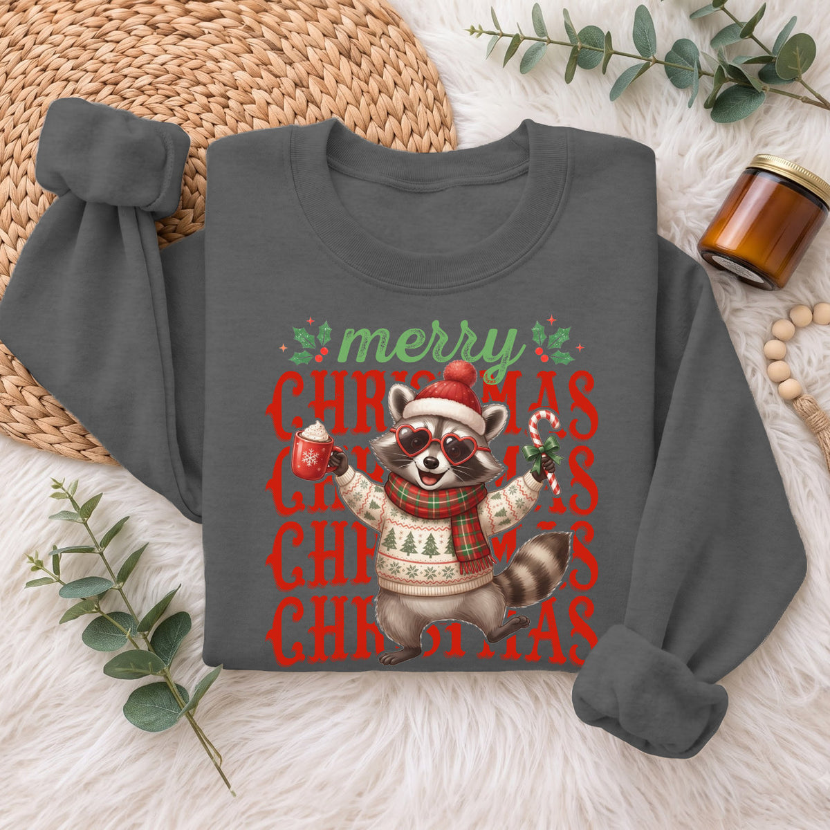 Merry Christmas Raccoon Sweatshirt, Cute Winter Holiday Shirt