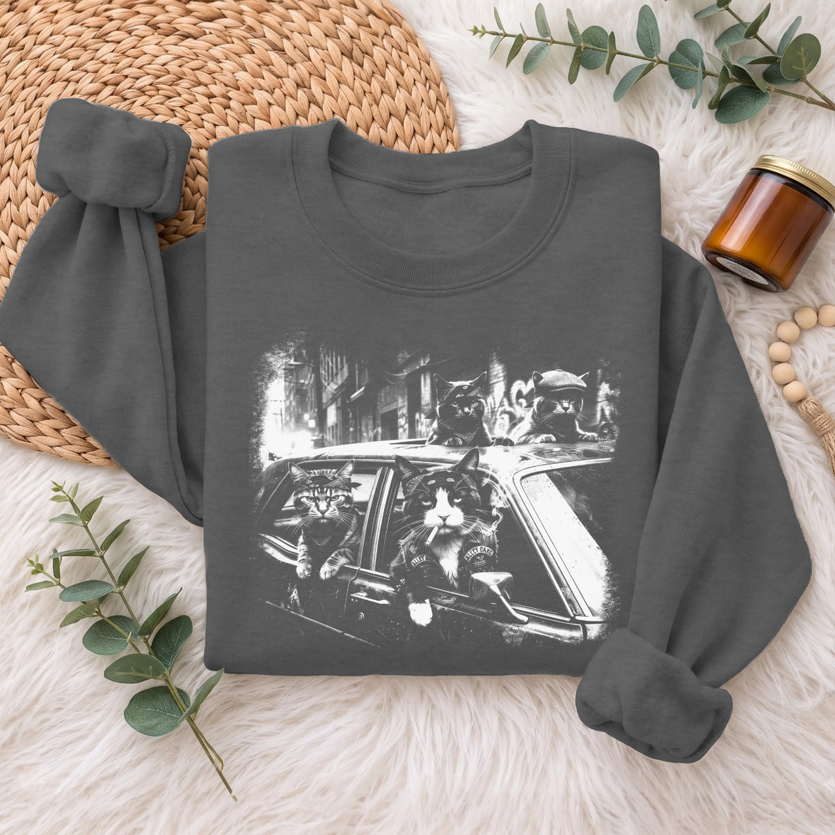 Gangster Cats in Car Sweatshirt, Funny Cat Retro Graphic Top