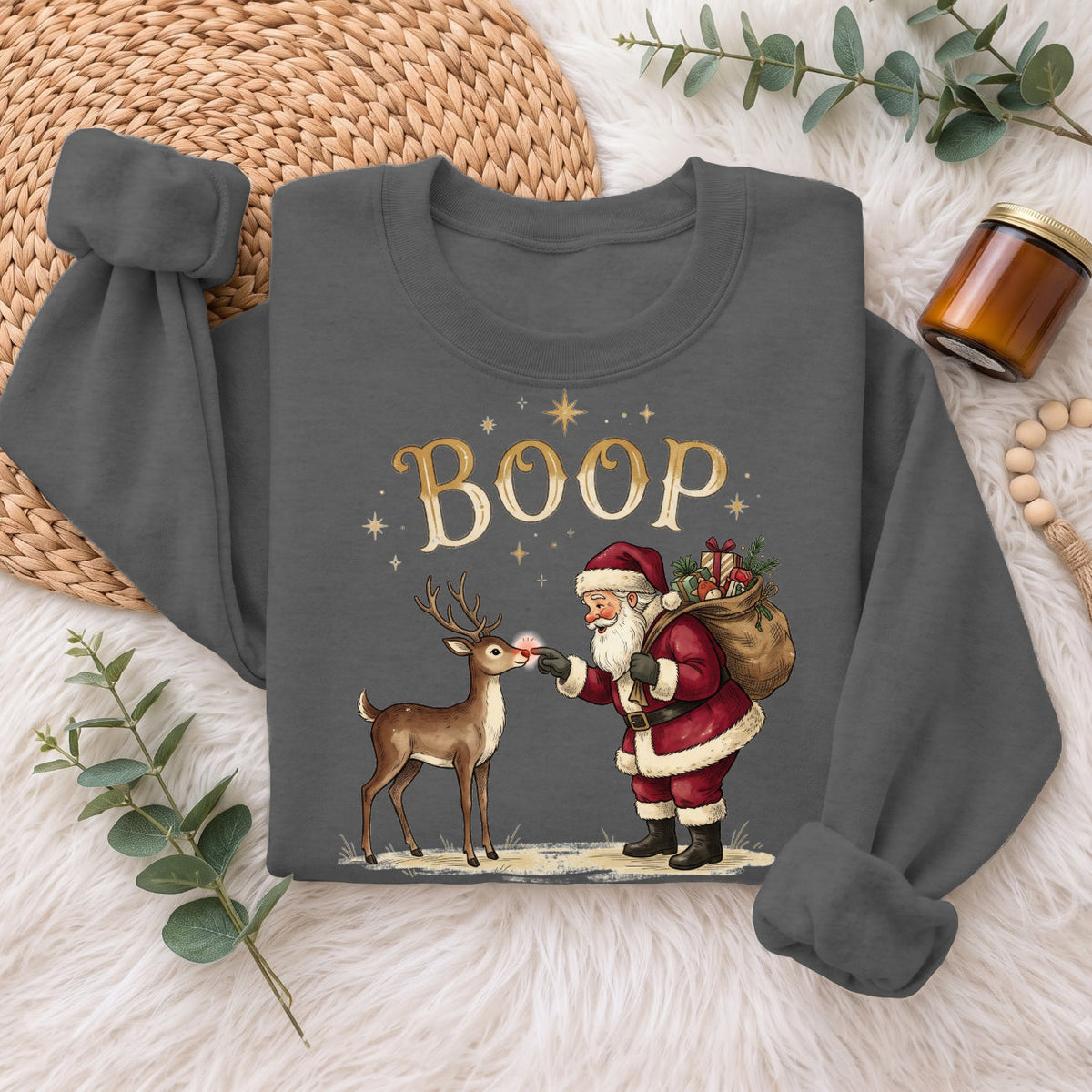 Santa Boop Reindeer Christmas Sweatshirt, Cute Xmas Holiday Top