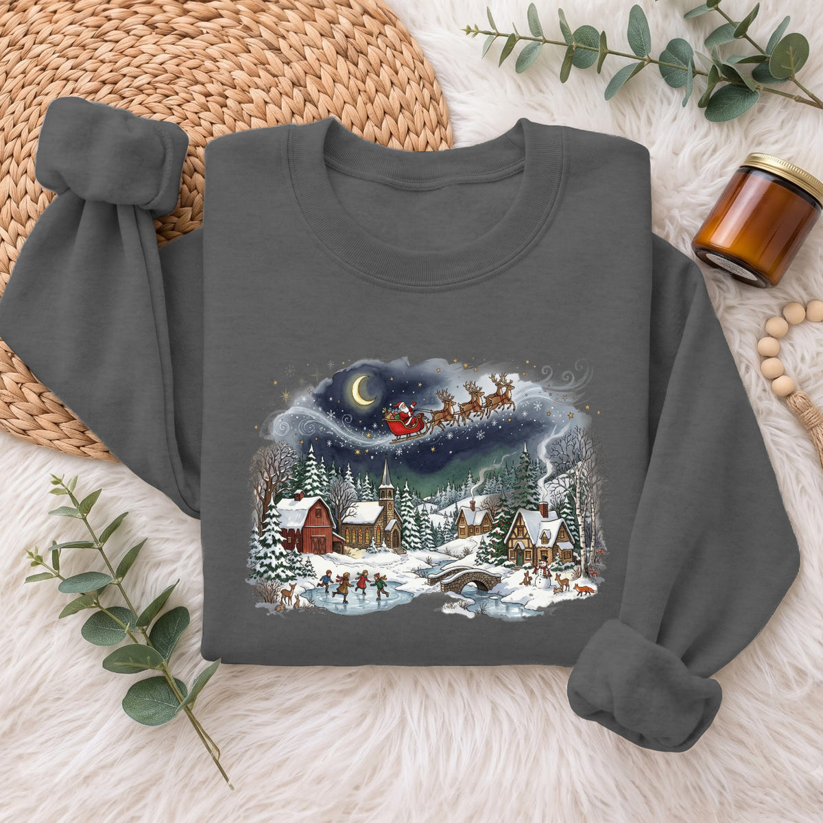 Santa Sleigh Winter Village Christmas Sweatshirt, Holiday Top