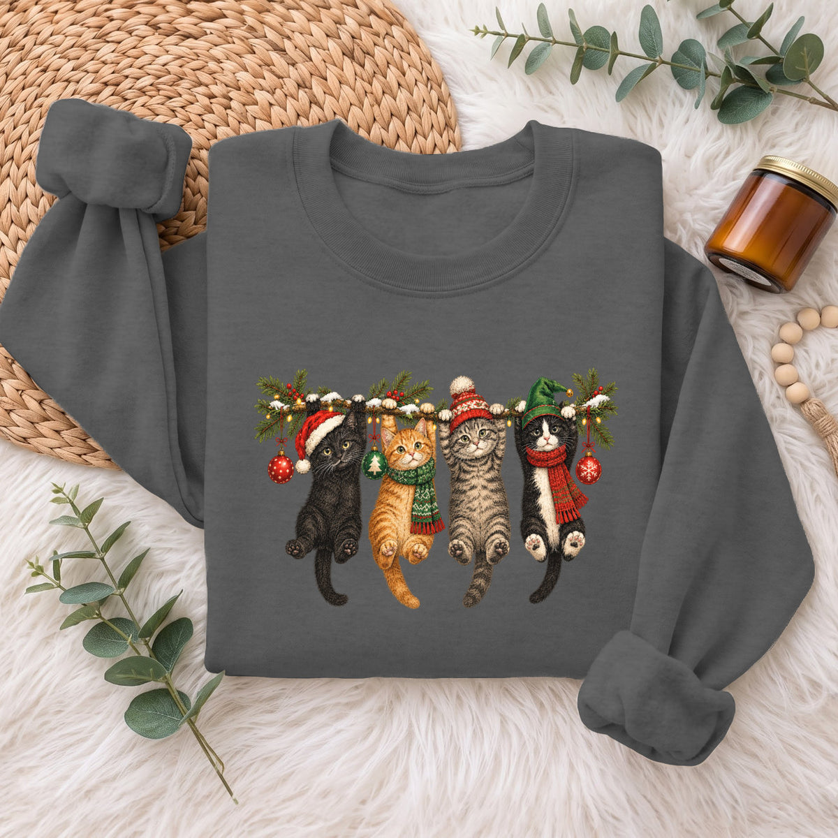 Hanging Cats Christmas Sweatshirt, Cute Kitty Holiday Sweater, Xmas