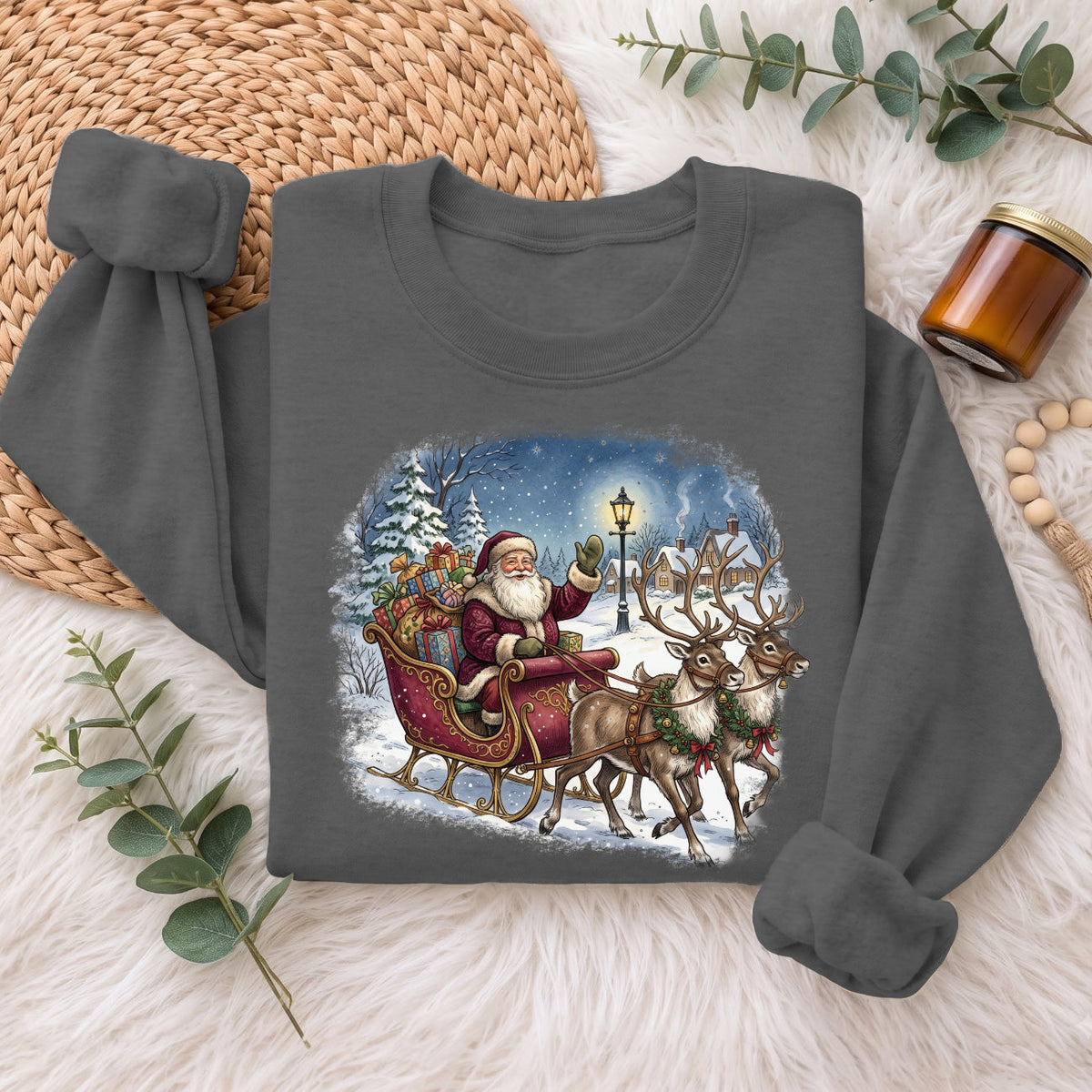 Santa Sleigh Reindeer Christmas Sweatshirt, Xmas Holiday Sweater