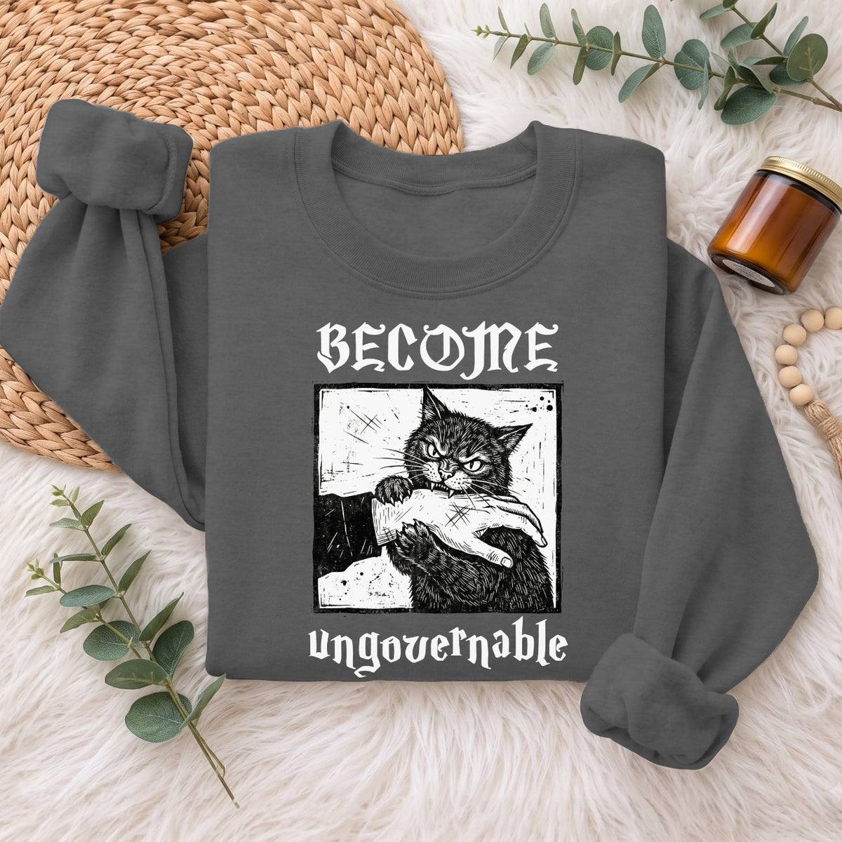 Become Ungovernable Cat Sweatshirt, Funny Cat Biting Hand Sweater