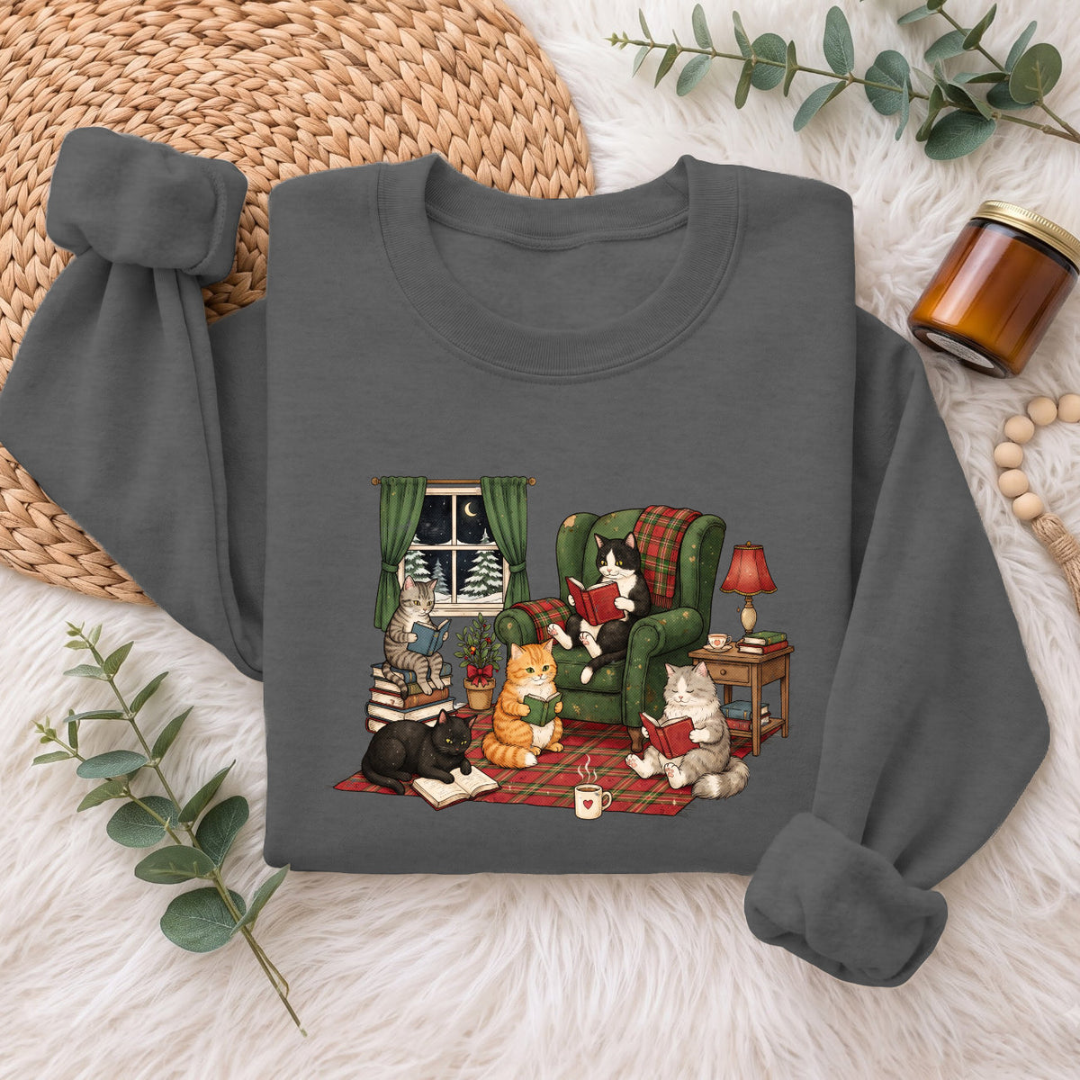 Cozy Reading Cats Sweatshirt, Cute Cat Books Holiday Sweater, Xmas