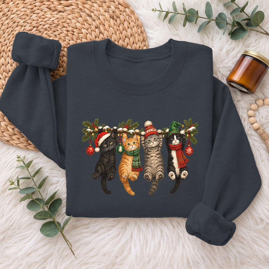 Hanging Cats Christmas Sweatshirt, Cute Kitty Holiday Sweater, Xmas