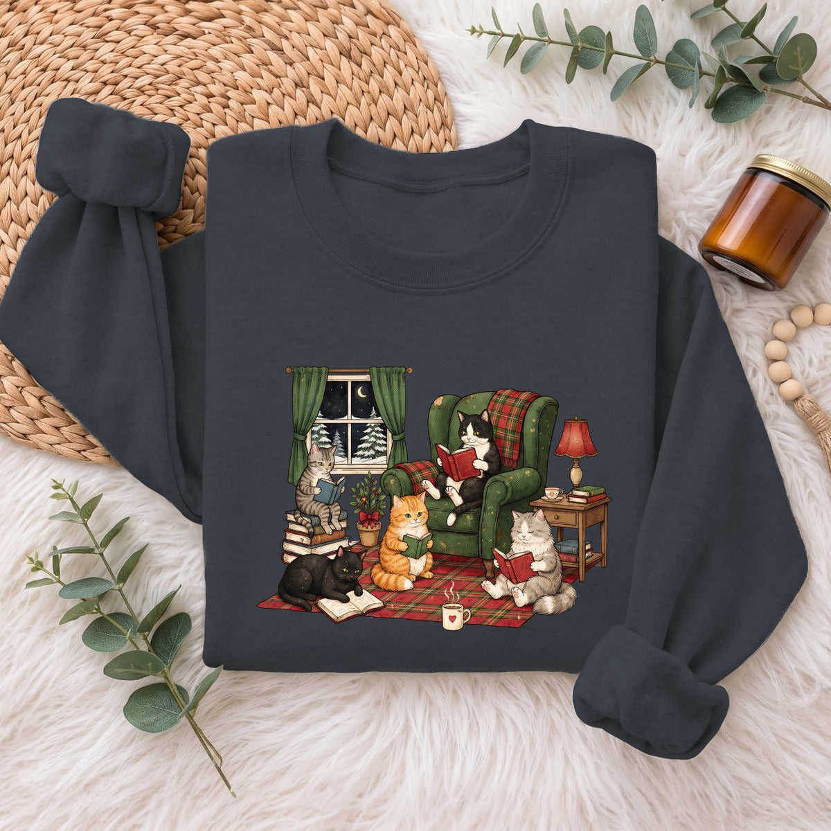 Cozy Reading Cats Sweatshirt, Cute Cat Books Holiday Sweater, Xmas