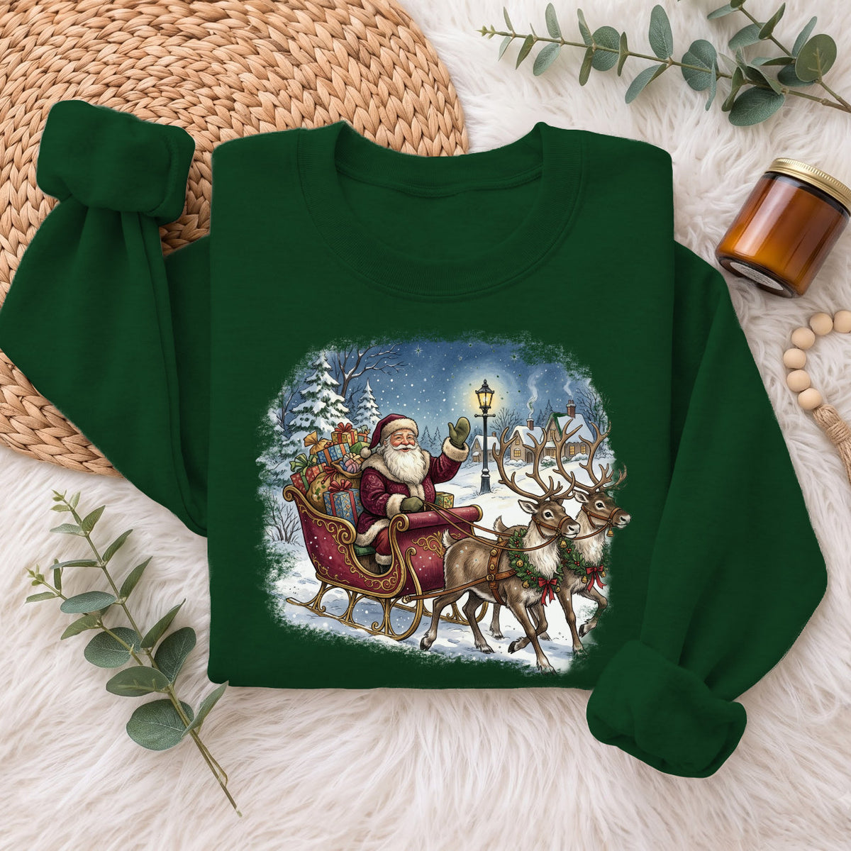 Santa Sleigh Reindeer Christmas Sweatshirt, Xmas Holiday Sweater
