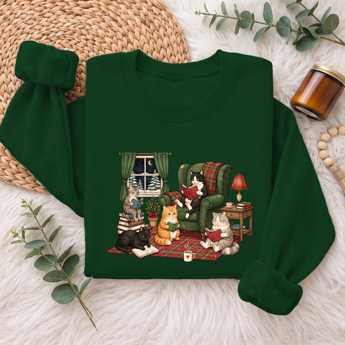Cozy Reading Cats Sweatshirt, Cute Cat Books Holiday Sweater, Xmas