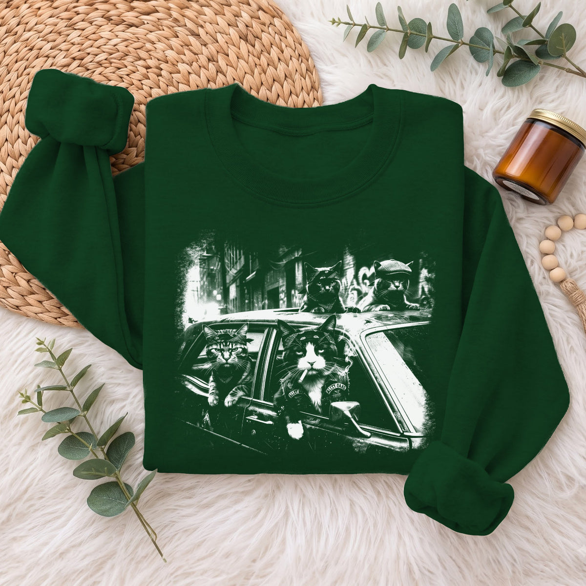 Gangster Cats in Car Sweatshirt, Funny Cat Retro Graphic Top