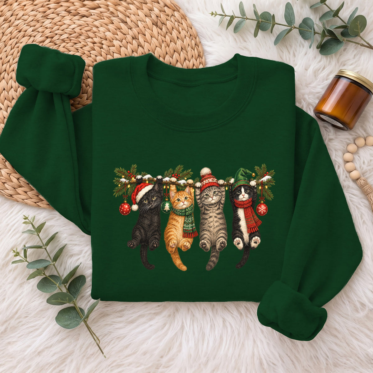 Hanging Cats Christmas Sweatshirt, Cute Kitty Holiday Sweater, Xmas