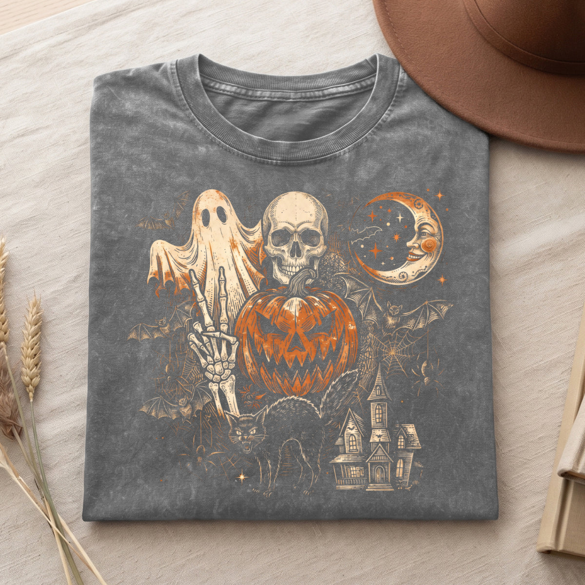 Retro Spooky Ghost Pumpkin Skull Graphic T Shirt (PB091826-3)