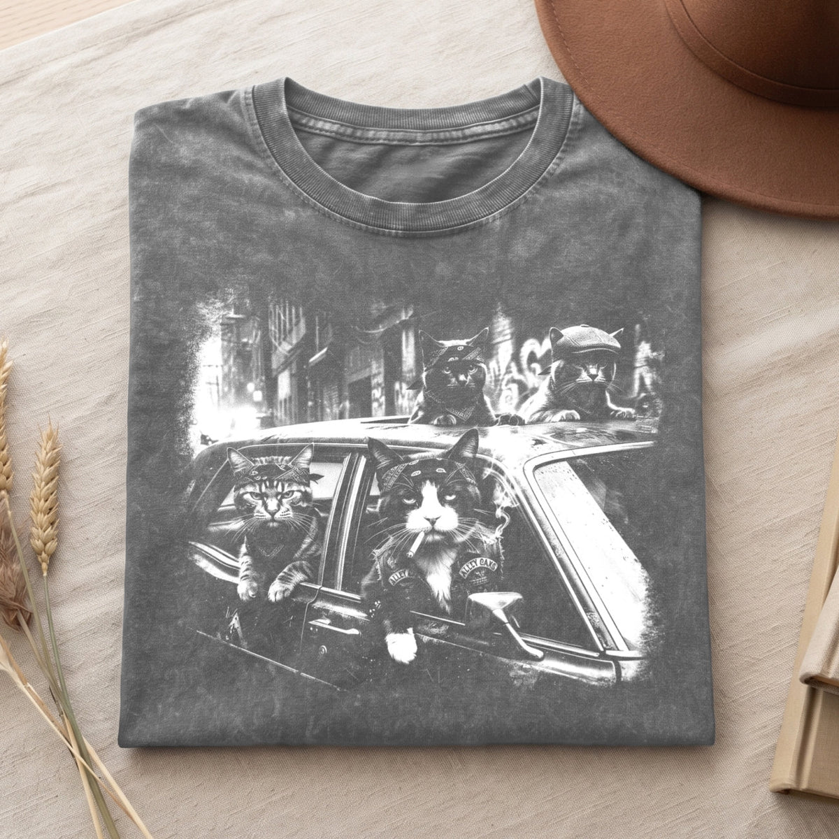 Gangster Cats in Car T-Shirt, Funny Cat Retro Graphic Shirt, Top