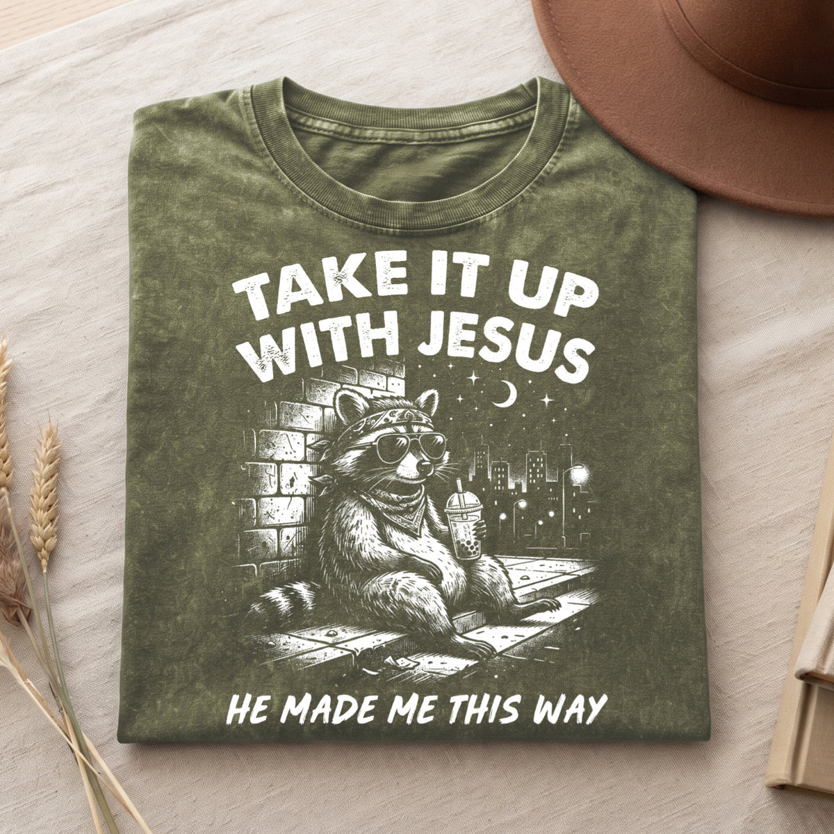 Grunge Raccoon Holding Bubble Tea Shirt, Take It Up With Jesus Tee (PB100926-5)