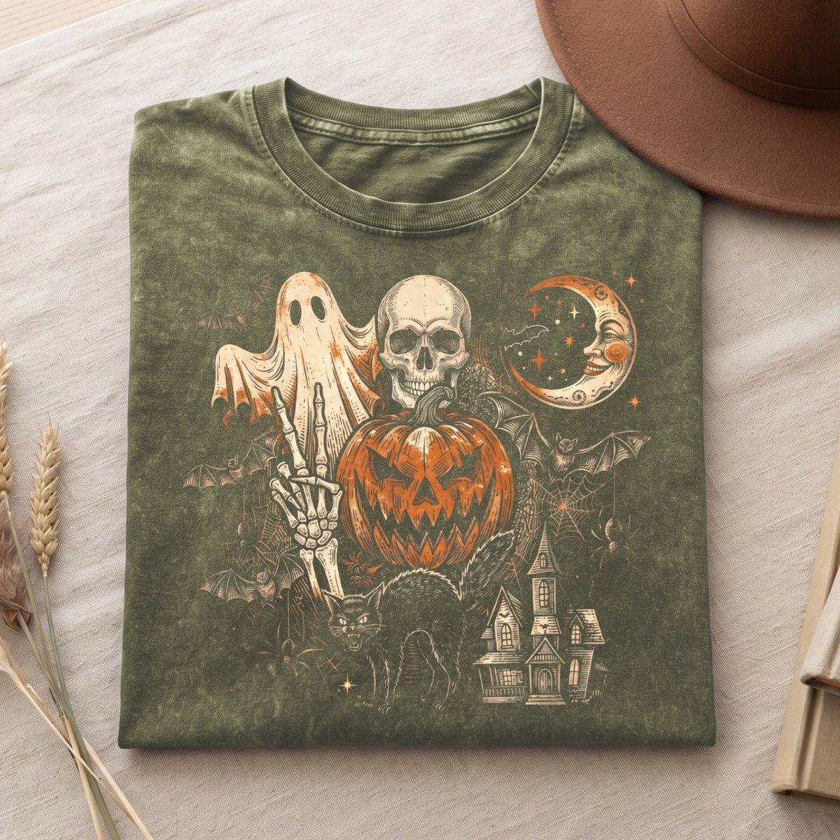 Retro Spooky Ghost Pumpkin Skull Graphic T Shirt (PB091826-3)